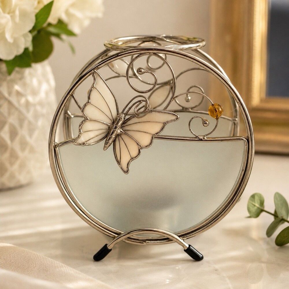 Vintage Butterfly Stained Glass Tealight Candle Holder Votive Metal Decor 5"
